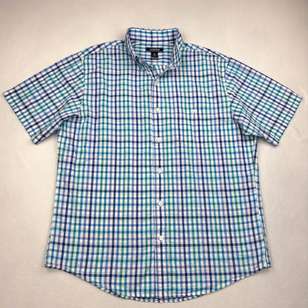 Lands End Mens Medium Plaid Button Down Shirt Blue Teal Short Sleeve Traditional